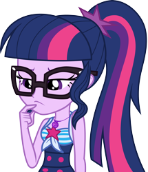 Size: 3000x3492 | Tagged: safe, artist:cloudy glow, sci-twi, twilight sparkle, human, equestria girls, friendship math, g4, my little pony equestria girls: better together, bare shoulders, clothes, geode of telekinesis, glasses, hand on chin, high res, hmm, jewelry, magical geodes, necklace, one-piece swimsuit, ponytail, sci-twi swimsuit, simple background, sleeveless, solo, swimsuit, thinking, transparent background, vector