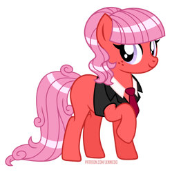 Size: 900x903 | Tagged: safe, artist:jennieoo, oc, oc:sweet spot, earth pony, pony, clothes, freckles, gift art, looking at you, meta, necktie, raffle prize, raffle winner, show accurate, simple background, smiling, smiling at you, solo, suit, transparent background, twitter, vector