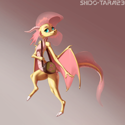 Size: 1920x1920 | Tagged: safe, artist:shido-tara, fluttershy, dragon, g4, bag, blue eyes, dragoness, female, gradient background, horns, looking at you, scales, smiling, tail, yellow body
