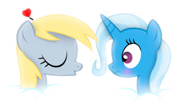 Size: 1280x768 | Tagged: safe, derpy hooves, trixie, pegasus, pony, unicorn, g4, cloud, duo, female, heart, lesbian, mare, shipping, simple background, tripy, white background