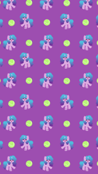 Size: 3500x6200 | Tagged: safe, artist:kittyrosie, izzy moonbow, pony, unicorn, g5, ^^, ball, cute, eyes closed, female, gradient mane, gradient tail, happy, izzy's tennis ball, izzybetes, mare, open mouth, open smile, purple background, raised hoof, repeating pattern, simple background, smiling, solo, tail, tennis ball, wallpaper