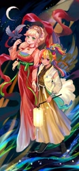 Size: 952x2048 | Tagged: safe, artist:卯卯七, applejack, rainbow dash, bird, human, g4, bell, blushing, breasts, cleavage, clothes, dress, duo, female, hairclip, hanfu, headdress, holding hands, humanized, jewelry, lantern, lesbian, looking at you, moon, necklace, paper lantern, ponytail, ribbon, robe, ship:appledash, shipping, smiling, smiling at you, stars, winged humanization, wings