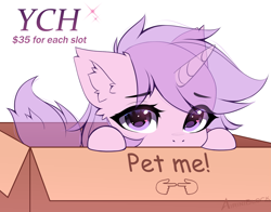 Size: 2773x2170 | Tagged: safe, artist:airiniblock, pony, unicorn, ambiguous gender, box, commission, ear fluff, fingers together, high res, pet request, pony in a box, simple background, sketch, solo, white background, ych sketch, your character here