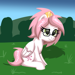 Size: 2160x2160 | Tagged: safe, artist:platinumdrop, oc, oc:sugar morning, pegasus, pony, folded wings, gift art, glasses, high res, sitting, wings
