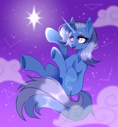 Size: 1060x1132 | Tagged: safe, artist:cursed soul, trixie, pony, unicorn, g4, cloud, colored eyebrows, constellation, eyebrows, female, floating, horn, mare, open mouth, open smile, sky, smiling, solo, stars, underhoof