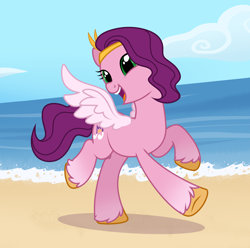 Size: 2872x2852 | Tagged: safe, artist:nika-rain, pipp petals, pegasus, pony, g4, g5, beach, coat markings, colored wings, cute, diadem, female, g5 to g4, generation leap, headband, high res, jewelry, mare, open mouth, open smile, regalia, show accurate, smiling, socks (coat markings), solo, spread wings, vector, walking, water, wings