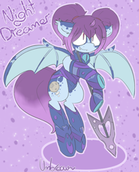 Size: 1280x1579 | Tagged: safe, artist:umbreow, oc, oc:night dreamer, bat pony, pony, armor, female, mare, solo, spear, weapon