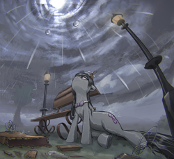 Size: 2774x2537 | Tagged: safe, artist:ciborgen, octavia melody, earth pony, pony, g4, bench, bowtie, broken, broken instrument, broken string, female, high res, lamppost, leaning, looking up, lying down, mare, octavia's bowtie, outdoors, perspective, rain, sky, solo, streetlight, tree, wet, wet mane