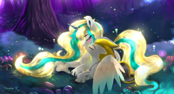 Size: 2400x1295 | Tagged: safe, artist:darksly, oc, oc only, pegasus, pony, duo, eyes closed, hug, long mane, long tail, lying down, nuzzling, outdoors, tail, tree, winghug, wings