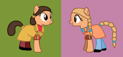 Size: 850x398 | Tagged: safe, artist:fantasygirls56, earth pony, pony, g4, braid, braided tail, clothes, cousin, cousins, delaney lamb, dress, duo, duo female, female, green background, kids, madison lamb, mare, overalls, pink background, ponified, ponytails, shirt, shoes, simple background, tail, tights, yo gabba gabba!