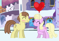 Size: 1015x704 | Tagged: safe, artist:starryc94, luckette, safety drill, earth pony, pony, g4, balloon, base used, blushing, canterlot, duo, duo male and female, eyes closed, female, heart, heart balloon, luckdrill, male, mare, shipping, stallion, straight
