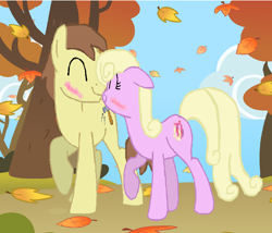 Size: 2984x2552 | Tagged: safe, artist:starryc94, luckette, safety drill, earth pony, pony, g4, autumn, base used, blushing, duo, duo male and female, eyes closed, female, high res, leaves, luckdrill, male, mare, shipping, stallion, straight