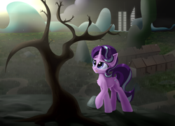 Size: 2500x1800 | Tagged: safe, artist:rainydark, starlight glimmer, pony, unicorn, g4, canon, destroyed, disaster, female, fog, gray, light, lightning, mare, our town, shadow, skyscraper, solo, tree, village