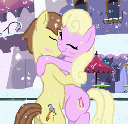Size: 669x650 | Tagged: safe, artist:starryc94, luckette, safety drill, earth pony, pony, g4, base used, bipedal, blushing, cuddling, duo, duo male and female, female, kiss on the lips, kissing, luckdrill, male, mare, shipping, snow, stallion, straight
