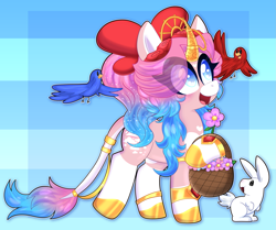 Size: 2387x2000 | Tagged: safe, artist:saveraedae, oc, oc only, oc:fantasmic, bird, pony, rabbit, unicorn, animal, basket, bow, colored pupils, commission, eye clipping through hair, flower, gold, high res, holding, jewelry, looking offscreen, open mouth, open smile, smiling, solo