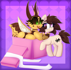 Size: 3058x3011 | Tagged: safe, artist:saveraedae, oc, oc only, oc:allicoot, oc:bee berry, bee, earth pony, hybrid, insect, pony, box, collar, commission, high res, hug, present