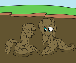 Size: 1200x1000 | Tagged: safe, artist:amateur-draw, applejack, fluttershy, earth pony, pegasus, pony, g4, covered in mud, definitely not kink, female, laughing, mare, mud, mud bath, mud play, mud pony, muddy, quicksand, wet and messy