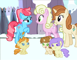 Size: 866x680 | Tagged: safe, artist:starryc94, cinnamon chai, cream puff, cup cake, millie, pumpkin cake, oc, oc:lucy, earth pony, pony, unicorn, g4, baby, baby pony, base used, creambetes, cute, female, filly, foal, group, mare, mother and child, mother and daughter, offspring, parent and child, parent:cinnamon chai, parent:donut joe, parents:cinnamon donut, pumpkinbetes
