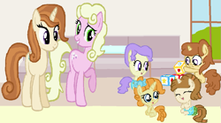 Size: 971x539 | Tagged: safe, artist:starryc94, cinnamon chai, cream puff, millie, pumpkin cake, oc, oc:comet, oc:lucy, earth pony, pony, unicorn, g4, base used, brother and sister, cinnamonbetes, creambetes, cute, female, male, mare, milliebetes, mother and child, mother and daughter, mother and son, offspring, parent:cinnamon chai, parent:donut joe, parents:cinnamon donut, play date, pumpkinbetes, siblings