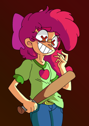 Size: 728x1029 | Tagged: safe, artist:thedangbooper, apple bloom, human, equestria girls, g4, alternate hairstyle, alternate universe, baseball bat, bow, clothes, eyebrows, eyebrows down, eyebrows visible through hair, hair bow, looking down, looking forward, shirt, short sleeves, simple background, smiling, solo, wingding eyes, x eyes