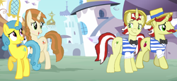 Size: 10144x4672 | Tagged: safe, artist:starryc94, flam, flim, lemon hearts, oc, oc:starry cake, pony, unicorn, g4, base used, blushing, brothers, canterlot, female, flim flam brothers, group, male, mare, offspring, parent:cinnamon chai, parent:donut joe, parents:cinnamon donut, siblings, stallion, turned head