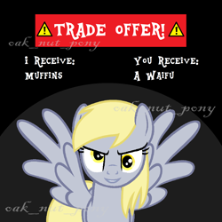 Size: 1600x1600 | Tagged: safe, artist:derpsa, derpy hooves, pegasus, pony, g4, dark background, female, looking at you, mare, meme, simple background, smiling, smiling at you, smirk, solo, spread wings, trade offer, waifu, wings
