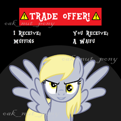 Size: 1600x1600 | Tagged: safe, artist:derpsa, derpy hooves, pegasus, pony, g4, dark background, female, looking at you, mare, meme, ms paint, simple background, smiling, smiling at you, smirk, solo, spread wings, trade offer, waifu, wings