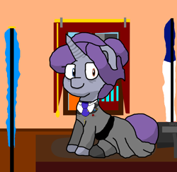 Size: 704x688 | Tagged: safe, artist:republic ball, oc, oc only, oc:platinum xiii, pony, unicorn, clothes, computer, crystal curtain: world aflame, curtains, desk, diarch, female, flag, flag pin, flower, horn, looking at you, mare, necktie, paint.net, portrait, princess, rose, sitting, skirt, solo, unicorn oc, window
