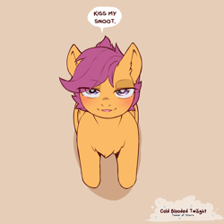 Size: 1200x1200 | Tagged: safe, artist:cold-blooded-twilight, scootaloo, pegasus, pony, g4, bedroom eyes, beige background, blushing, boop my snoot, chest fluff, dialogue, ear fluff, eye clipping through hair, female, filly, foal, heart, heart eyes, high angle, looking at you, open mouth, simple background, speech bubble, talking to viewer, wingding eyes