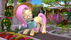 Size: 3840x2160 | Tagged: safe, artist:owlpirate, fluttershy, bird, pegasus, pony, g4, 3d, 4k, cottagecore, cute, eyes closed, female, flower, garden, glasses, grin, hat, high res, mare, mouth hold, shyabetes, smiling, solo, source filmmaker, sun hat, unshorn fetlocks, watering can