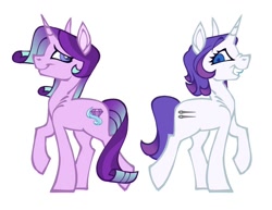 Size: 1090x843 | Tagged: safe, artist:partyponypower, rarity, starlight glimmer, pony, unicorn, g4, alternate cutie mark, alternate hairstyle, alternate universe, duo, female, grin, mare, personality swap, raised hoof, raised leg, role reversal, simple background, smiling, white background