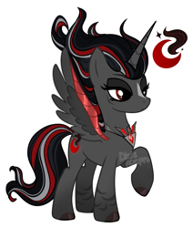 Size: 2334x2754 | Tagged: safe, artist:dixieadopts, oc, oc only, oc:crimson storm, alicorn, pony, alicorn amulet, alicorn oc, armor, black eyeshadow, coat markings, colored hooves, ethereal hair, ethereal mane, ethereal tail, eyeshadow, facial markings, female, frown, gradient legs, high res, hoof polish, horn, lidded eyes, makeup, mare, raised hoof, red eyes, rule 63, simple background, solo, sparkly mane, sparkly tail, spread wings, standing, star (coat marking), tail, transparent background, wing armor, wings