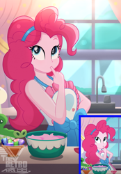 Size: 2000x2878 | Tagged: safe, artist:theretroart88, screencap, gummy, pinkie pie, human, equestria girls, equestria girls series, g4, the craft of cookies, spoiler:eqg series (season 2), apron, beautiful, clothes, cropped, cute, diapinkes, female, finger in mouth, high res, kitchen, scene interpretation, screencap reference, tasting
