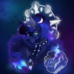 Size: 1440x1440 | Tagged: safe, artist:solarmoondreams, princess luna, alicorn, pony, g4, blue background, blue eyes, blue mane, bust, clothes, crown, crying, digital art, ethereal mane, eyeshadow, feather, female, flowing mane, horn, jewelry, logo, looking down, lunar phases, makeup, mare, night, peytral, portrait, regalia, sad, signature, simple background, solo, sparkles, starry mane, stars, sternocleidomastoid, teary eyes, wings