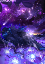 Size: 1414x2000 | Tagged: safe, artist:solarmoondreams, princess luna, alicorn, pony, g4, abstract background, beautiful, blue eyes, blue mane, cloud, crepuscular rays, digital art, dreamscape, eyelashes, feather, female, flower, flowing mane, glowing, horn, large wings, lying down, mare, mountain, mountain range, night, river, rock, sad, shooting star, signature, sky, solo, sparkles, stars, sunlight, sunrise, tired, water, wings