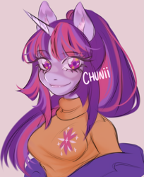 Size: 1743x2137 | Tagged: safe, artist:chunchunii, twilight sparkle, anthro, g4, breasts, bust, clothes, cutie mark on clothes, female, pink background, ponytail, portrait, signature, simple background, solo, sweater