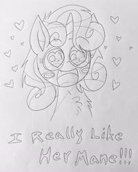 Size: 2110x2636 | Tagged: safe, artist:ponywarlord777, sweetie belle, pony, unicorn, g4, heart, heart eyes, high res, i really like her mane, monochrome, traditional art, wingding eyes