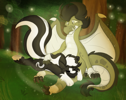 Size: 2500x2000 | Tagged: safe, artist:euspuche, oc, oc:kindling the dragon, oc:zenawa skunkpony, dragon, earth pony, hybrid, pony, skunk, skunk pony, claws, countershading, cuddling, dragon oc, duo, duo male, earth pony oc, eyes closed, fangs, forest, gay, head on lap, high res, interspecies, lidded eyes, looking at each other, looking at someone, love, lying down, male, non-pony oc, outdoors, pale belly, paws, petting, prone, raised tail, romance, romantic, shipping, sitting, sleeping, smiling, smiling at each other, snuggling, spread wings, stallion, tail, underhoof, wings