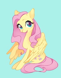 Size: 852x1081 | Tagged: safe, artist:utaaydote1, fluttershy, pegasus, pony, g4, blue background, female, mare, open mouth, open smile, simple background, sitting, smiling, solo
