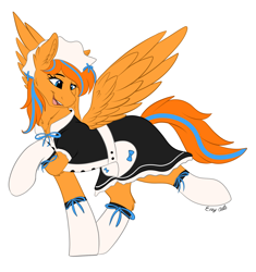 Size: 1632x1737 | Tagged: safe, artist:monsoonvisionz, oc, oc only, oc:cold front, pegasus, pony, clothes, crossdressing, ear fluff, hat, maid, netherlands, open mouth, open smile, simple background, smiling, socks, solo, spread wings, transparent background, wings