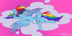 Size: 1738x864 | Tagged: safe, artist:utaaydote1, rainbow dash, pegasus, pony, g4, cloud, crossed legs, female, hooves behind head, lying down, lying on a cloud, mare, on a cloud, pink background, signature, simple background, sleep mask, sleeping, snoring, solo, spread wings, wings
