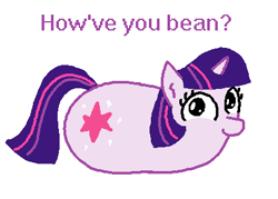 Size: 420x300 | Tagged: safe, artist:purblehoers, twilight sparkle, pony, unicorn, g4, bean, bean pony, female, looking at you, mare, ms paint, pun, question, simple background, smiling, solo, text, unicorn twilight, visual pun, white background