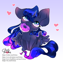 Size: 1500x1500 | Tagged: safe, artist:livitoza, princess luna, alicorn, pony, g4, blushing, chibi, cute, donut, female, food, gradient background, heart, looking at you, lunabetes, mare, mouth hold, one ear down, signature, sitting, solo