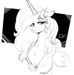 Size: 1654x1686 | Tagged: safe, artist:thelunarmoon, princess celestia, alicorn, pony, g4, black and white, bust, female, floppy ears, grayscale, lidded eyes, mare, monochrome, signature, simple background, smiling, solo, white background
