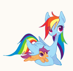 Size: 749x730 | Tagged: safe, artist:utaaydote1, rainbow dash, scootaloo, pegasus, pony, g4, cream background, duo, female, filly, foal, long neck, mare, open mouth, scootalove, simple background, stylized