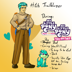 Size: 1080x1080 | Tagged: safe, alternate version, artist:jackudoggy, hitch trailblazer, sparky sparkeroni, dog, human, equestria girls, g4, g5, clothes, dogified, duo, equestria girls-ified, g5 to equestria girls, g5 to g4, generation leap, gradient background, headcanon, humanized, male, sheriff, sheriff's badge, sparky the dog, species swap, uniform
