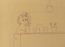 Size: 1280x929 | Tagged: safe, artist:starrscout-23, misty brightdawn, pony, unicorn, g5, 2023, bathroom, brush, faucet, female, hairbrush, hoof on chin, mare, monochrome, old art, sink, toothbrush, traditional art