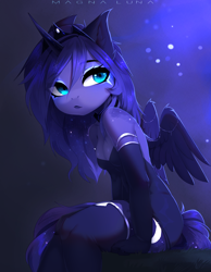 Size: 2430x3133 | Tagged: safe, artist:magnaluna, princess luna, alicorn, anthro, g4, abstract background, bare shoulders, breasts, cleavage, clothes, crown, dress, evening gloves, female, gloves, high res, horn, jewelry, lips, long gloves, looking back, reasonably sized breasts, regalia, sitting, sleeveless, solo, stockings, strapless, thigh highs, wings