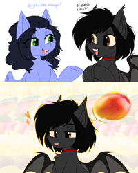 Size: 2000x2500 | Tagged: safe, artist:thieftea, oc, oc:banochka, oc:skiu, bat pony, pegasus, pony, :p, chest fluff, collar, dialogue, food, heart, high res, mango, meme, smiling, spread wings, tongue out, wings