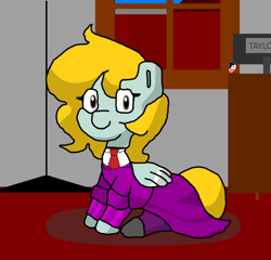 Size: 700x671 | Tagged: safe, artist:republic ball, oc, oc only, oc:hurricane xix, pegasus, pony, clothes, computer, crystal curtain: world aflame, diarch, dress, female, flag of equestria, looking at you, necktie, pegasus oc, sitting, sitting on floor, solo, window